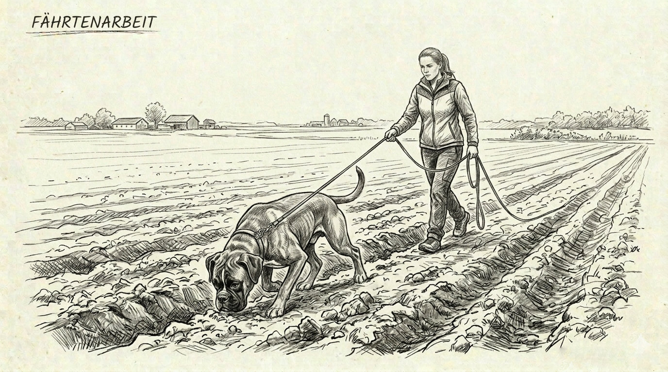 Fährtenarbeit: Hund sucht am Suchriemen eine Spur